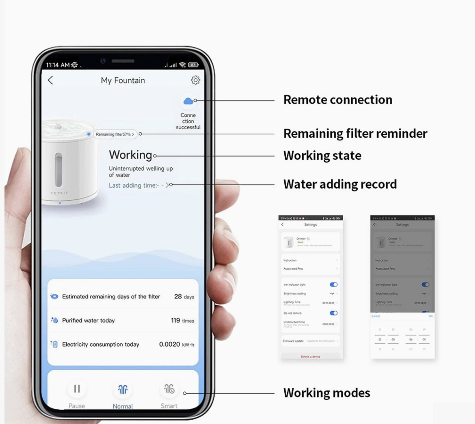 Fountain app: remote connection, filter reminder, working state, water adding record and working modes